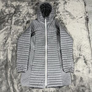 Eddie Bauer Jacket Womens M Gray Puffer Goose Storm Down Insulated Hooded Long